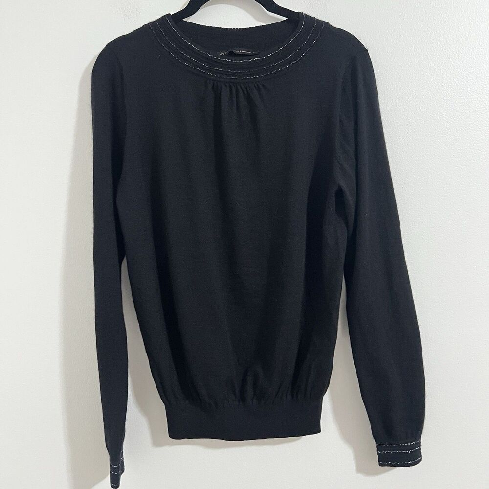 BYPAC by Pearls & Cashmere Sweater Size M Black Silver Hem Minimalist Old Money
